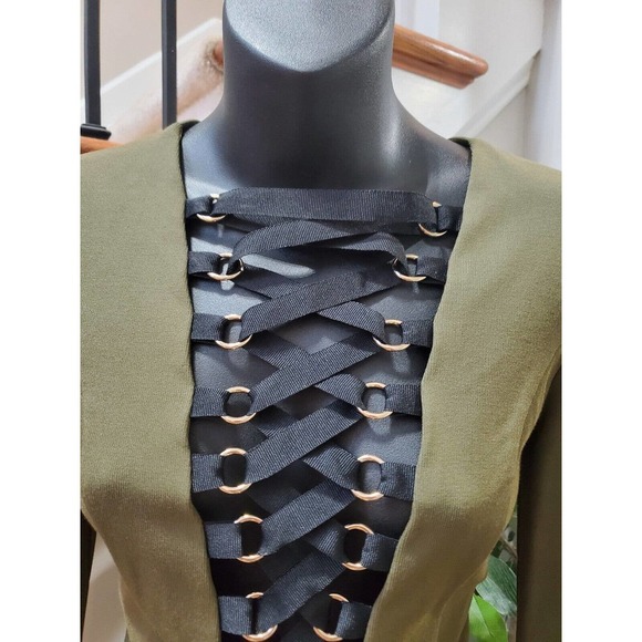 Nude Women's Green Cotton Lace Up Plunge V Neck Back Zipper Bodysuit Size Large - Picture 2 of 11